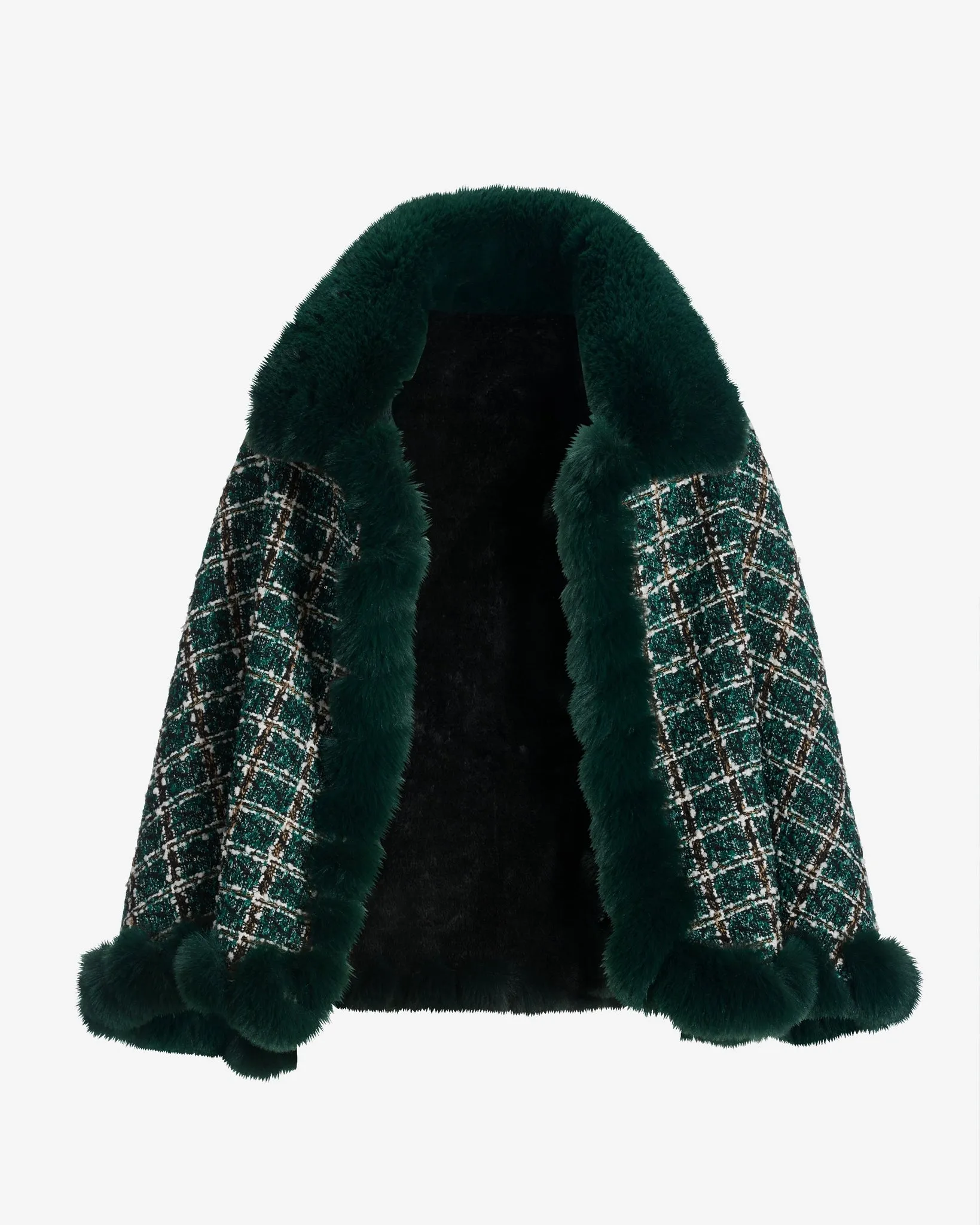 Faux Fur Trim Tweed Shawl Deep Emerald