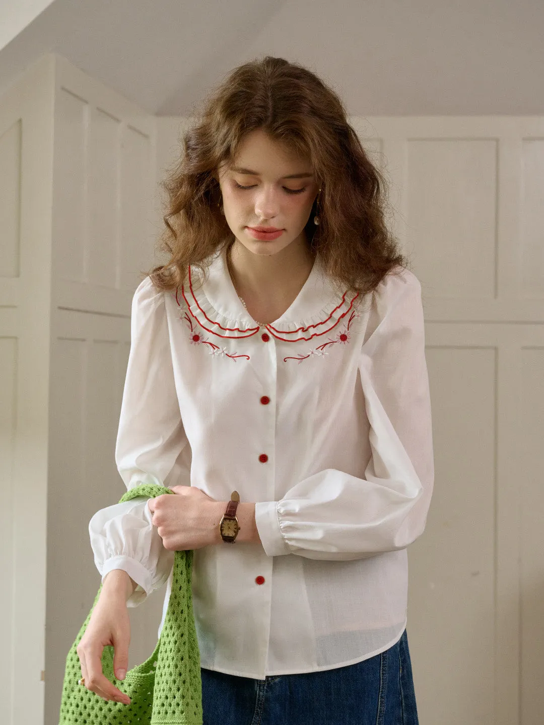 【Final Sale】Maren Peter Pan Collar Floral Embroidery Blouse - Apricot