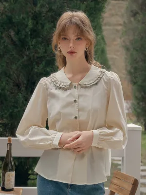 【Final Sale】Maren Peter Pan Collar Floral Embroidery Blouse - Apricot