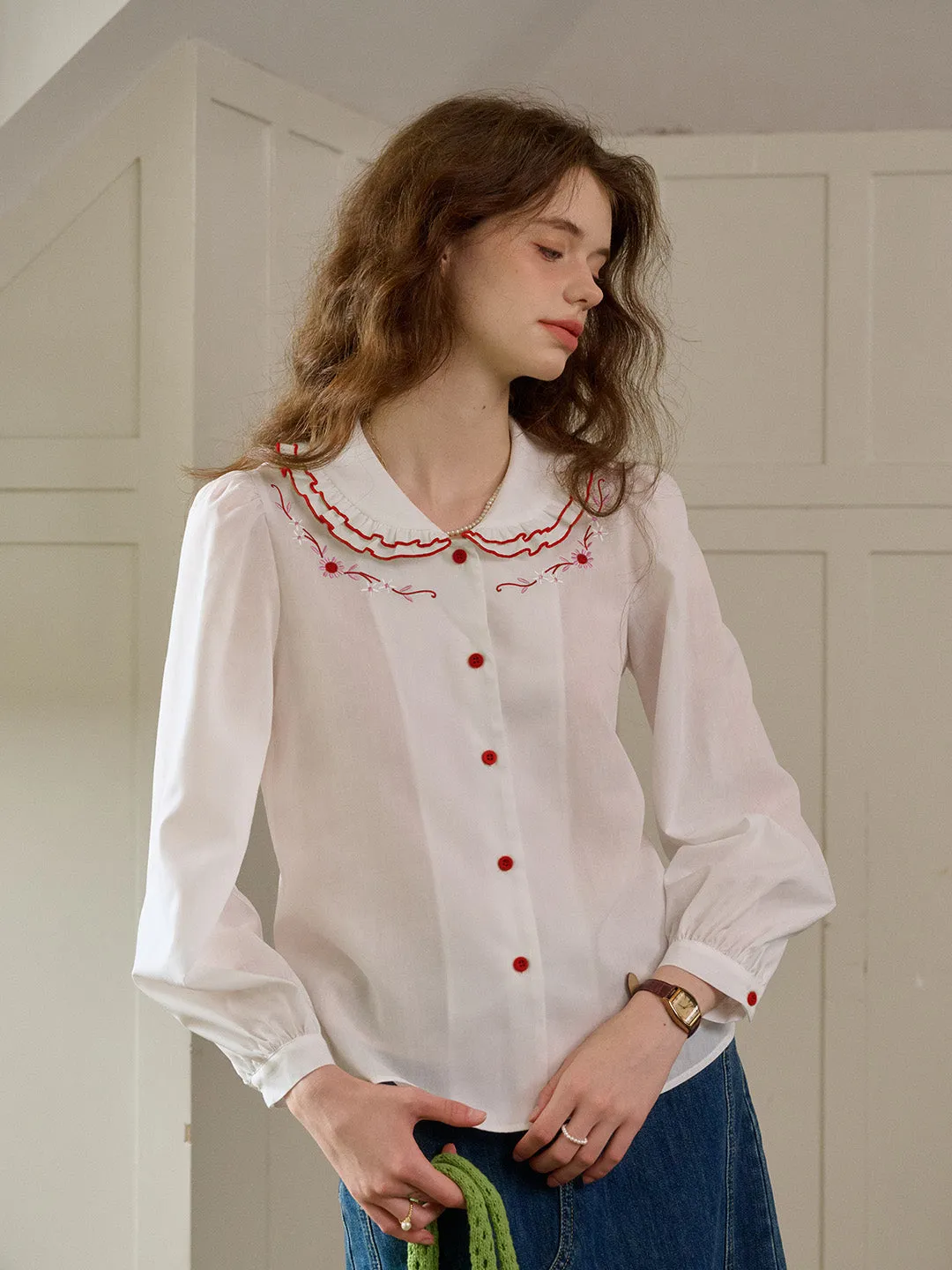 【Final Sale】Maren Peter Pan Collar Floral Embroidery Blouse - White