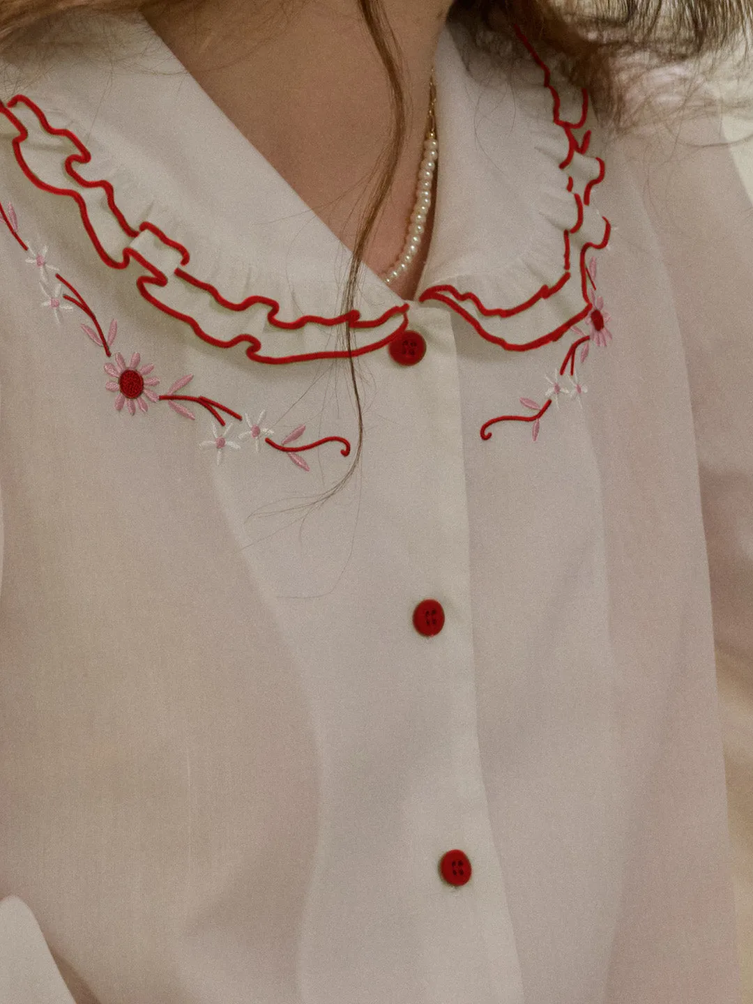 【Final Sale】Maren Peter Pan Collar Floral Embroidery Blouse - White