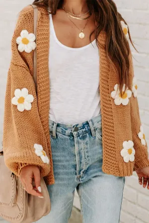 Flaxen Flower Applique Puff Sleeve Cardigan Sweater