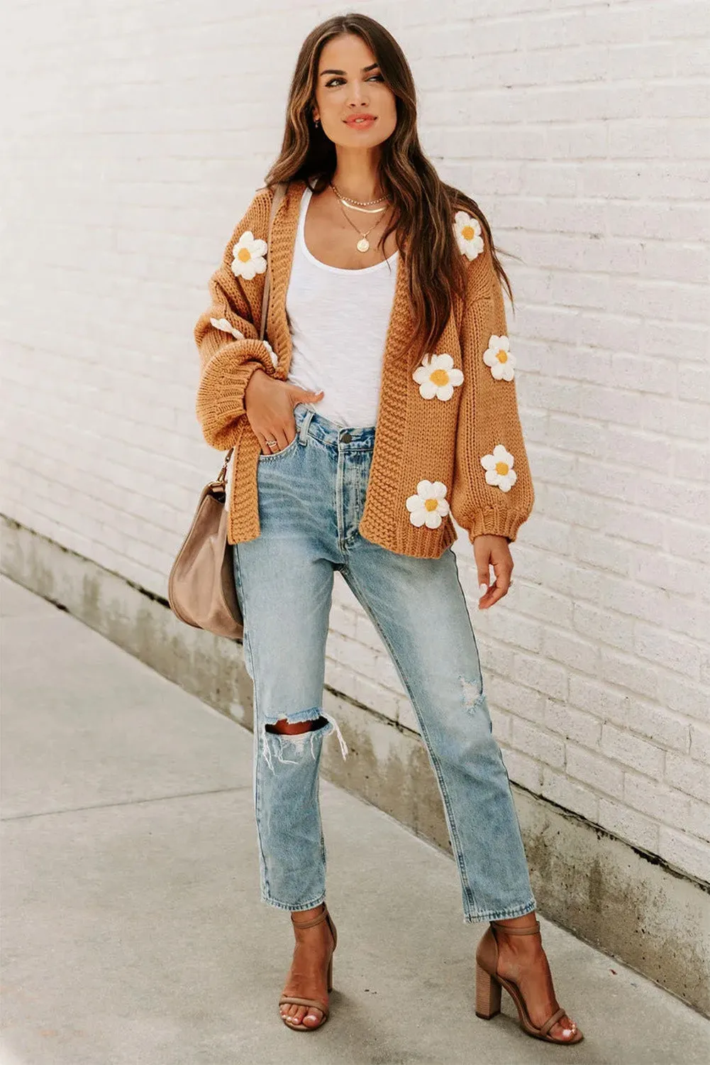 Flaxen Flower Applique Puff Sleeve Cardigan Sweater