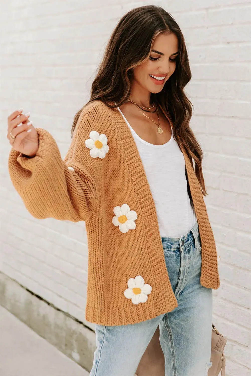 Flaxen Flower Applique Puff Sleeve Cardigan Sweater