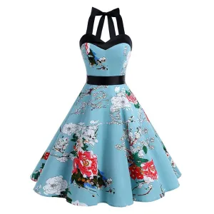 Floral Blue Vintage Tea Dress Retro Rockabilly Dresses 1950s Fashion