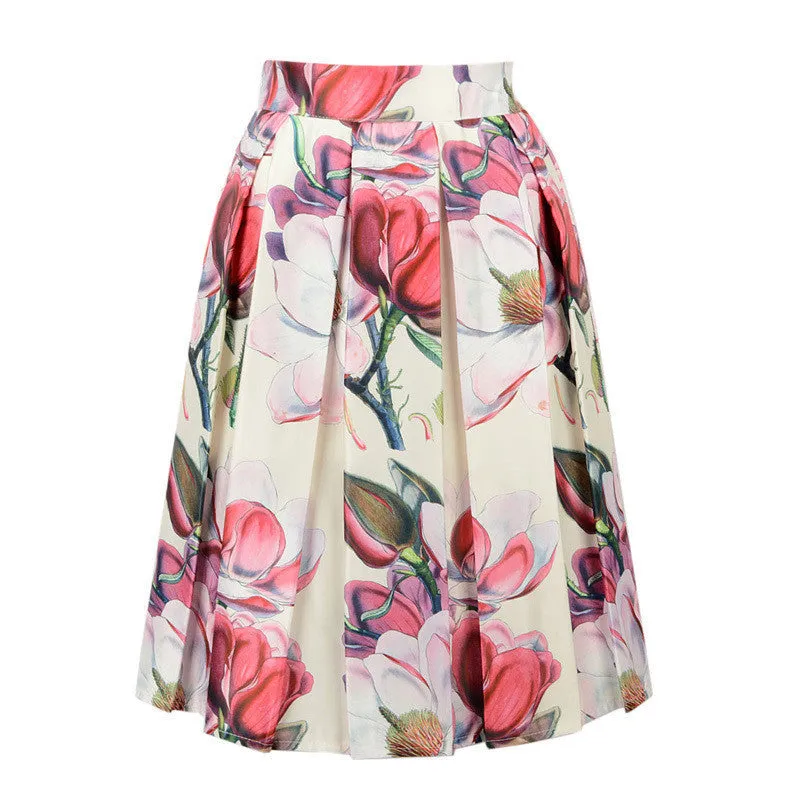 Floral Print Vintage Pleated Skater Midi Skirt Fashion High Waist Ball Gown Women Skirt Elegant Saia