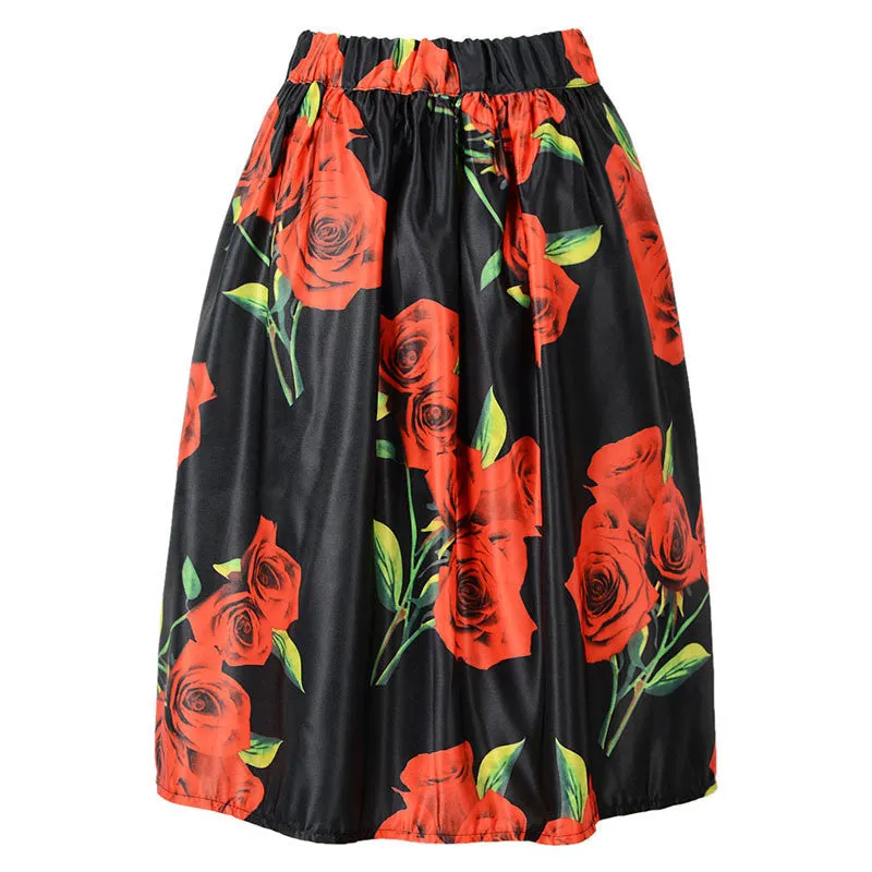 Floral Print Vintage Pleated Skater Midi Skirt Fashion High Waist Ball Gown Women Skirt Elegant Saia
