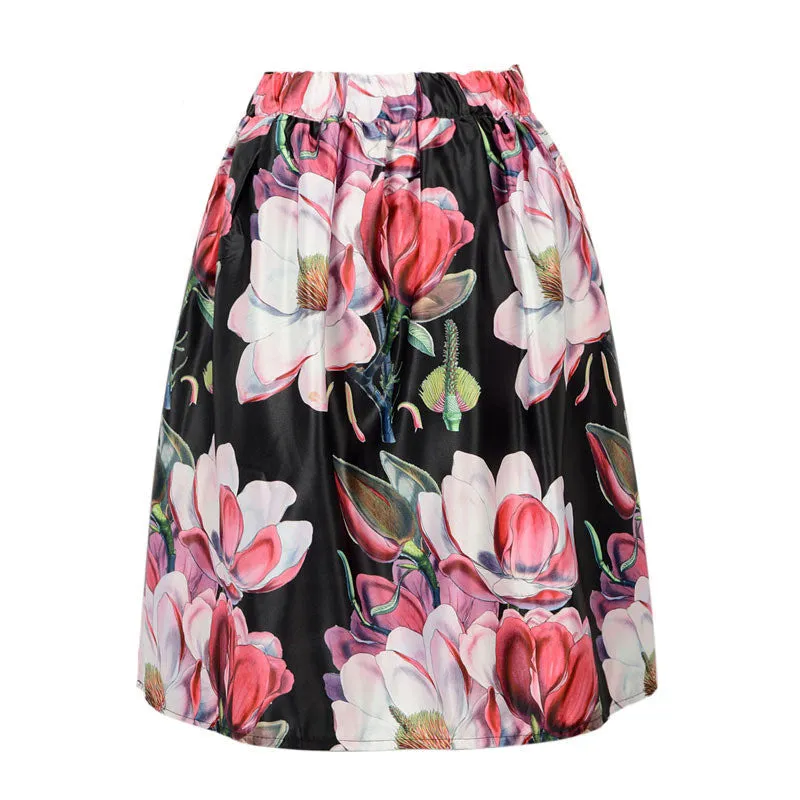 Floral Print Vintage Pleated Skater Midi Skirt Fashion High Waist Ball Gown Women Skirt Elegant Saia