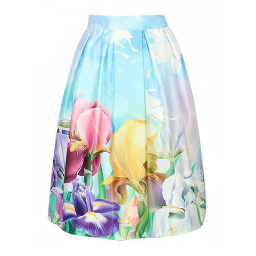 Floral Print Vintage Pleated Skater Midi Skirt Fashion High Waist Ball Gown Women Skirt Elegant Saia