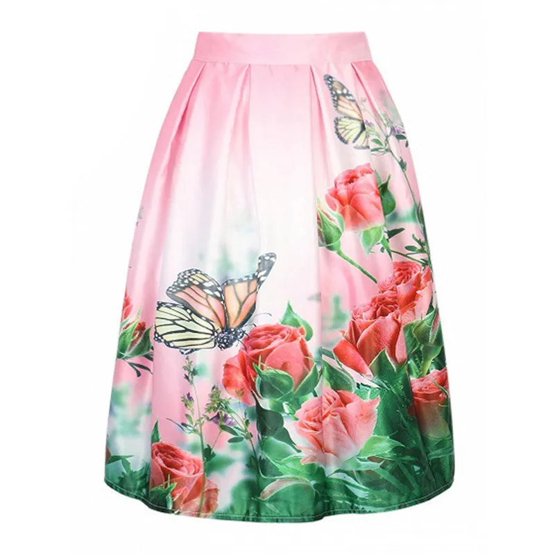 Floral Print Vintage Pleated Skater Midi Skirt Fashion High Waist Ball Gown Women Skirt Elegant Saia