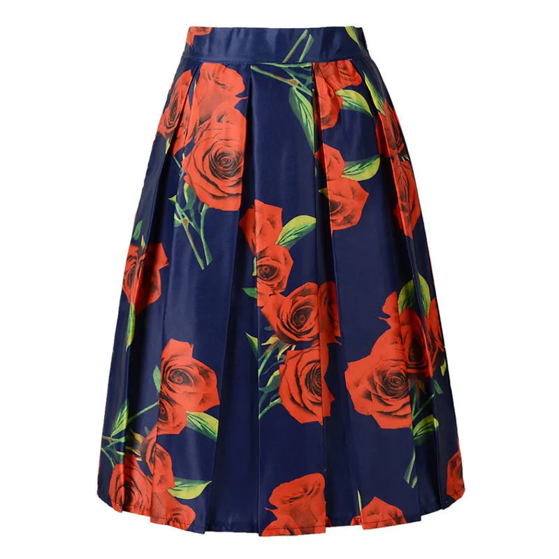 Floral Print Vintage Pleated Skater Midi Skirt Fashion High Waist Ball Gown Women Skirt Elegant Saia