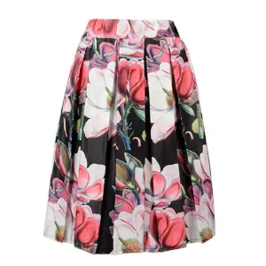 Floral Print Vintage Pleated Skater Midi Skirt Fashion High Waist Ball Gown Women Skirt Elegant Saia