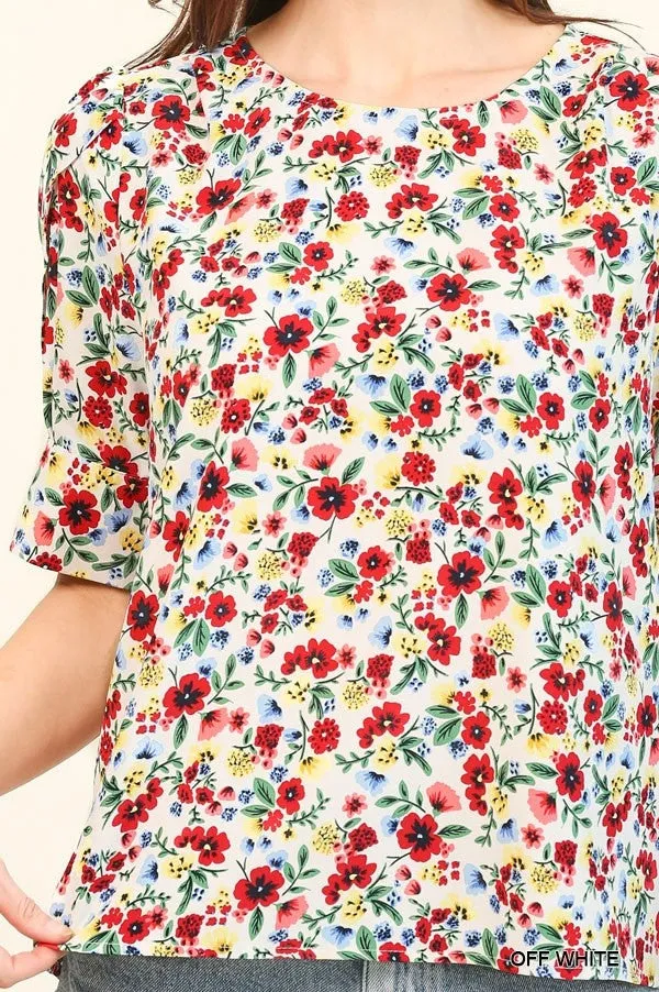 Floral Printed Splits Puff Sleeve Top W/Back Keyhole