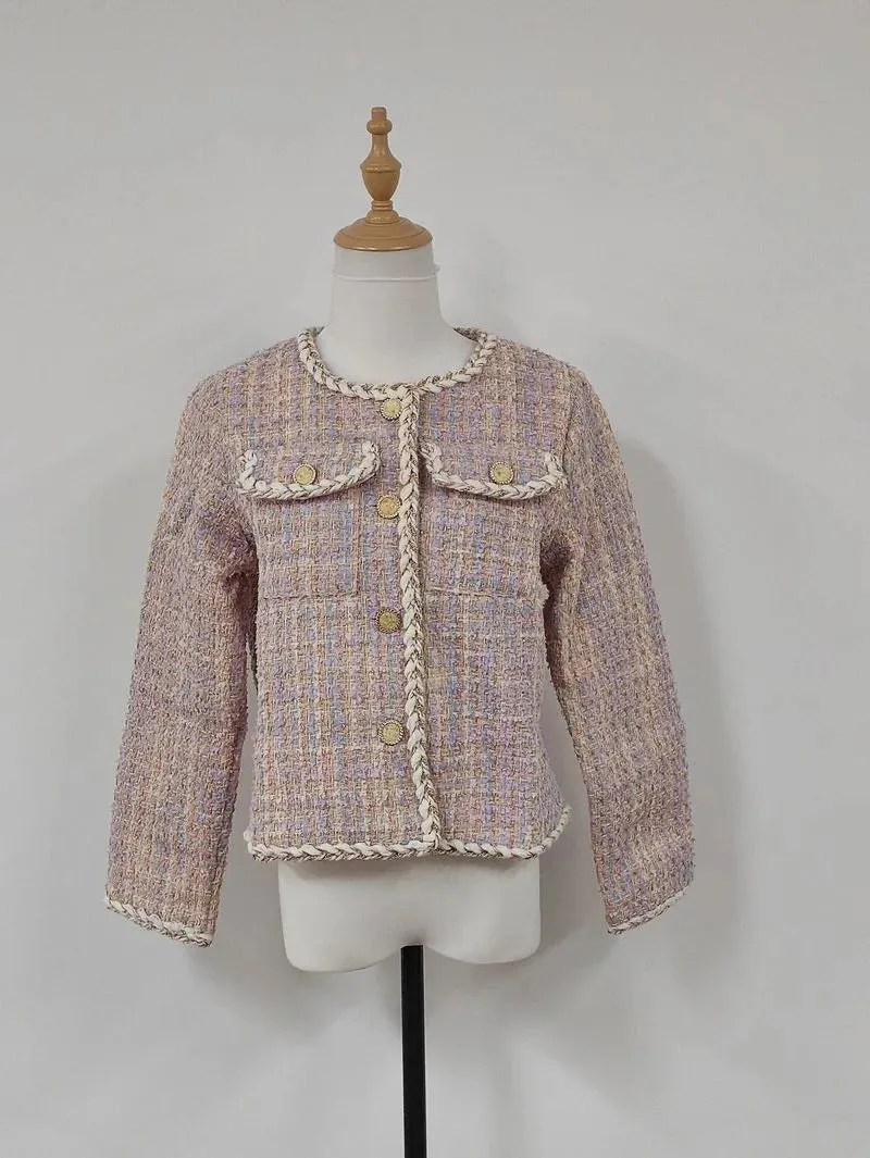 Fragrance Petal Pink Tweed Coat Women Temperament Fashion Round Neck Slim Sweet Plaid Single Breasted  Autumn Ladies Short Top