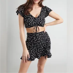 Garage Black &amp; White Floral Mini Skirt Set with Ruffle Hem &amp; Adjustable Ruching