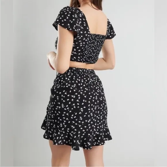 Garage Black &amp; White Floral Mini Skirt Set with Ruffle Hem &amp; Adjustable Ruching