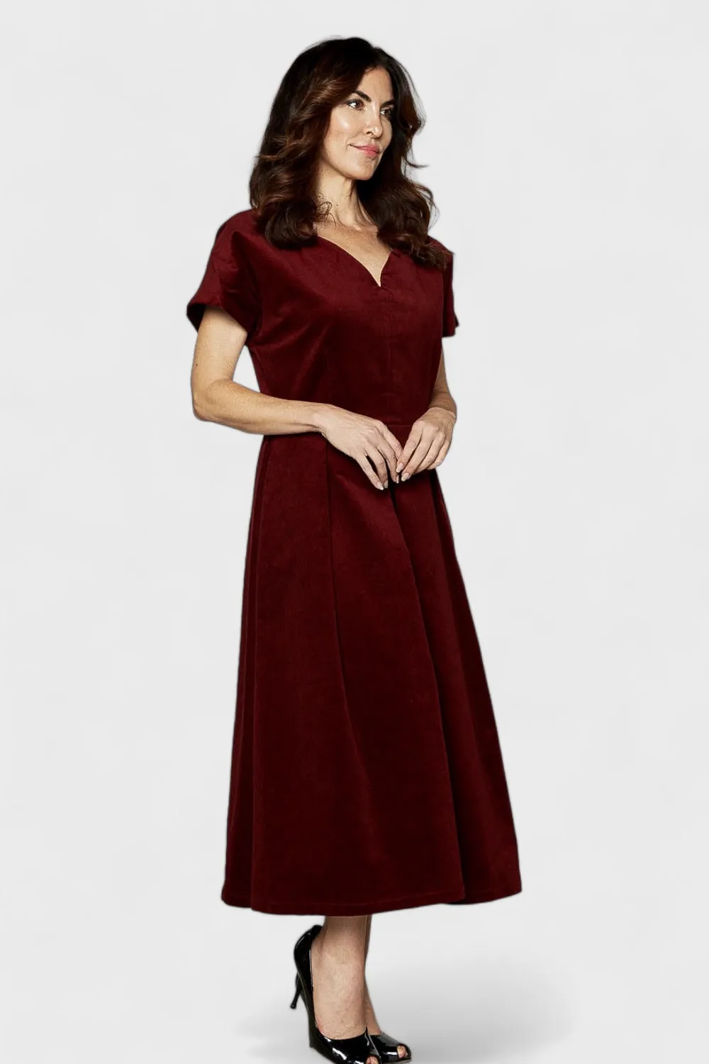 Gemma Burgundy Micro Cord Cotton Midi Dress