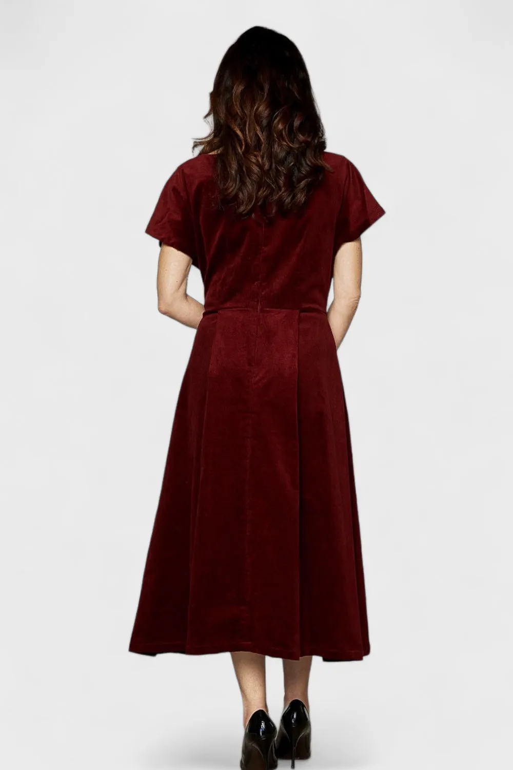 Gemma Burgundy Micro Cord Cotton Midi Dress