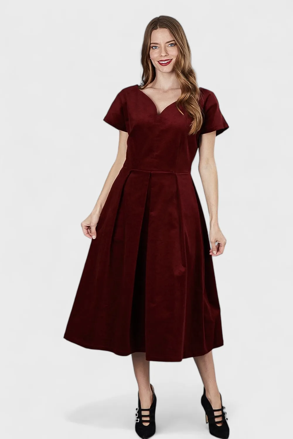 Gemma Burgundy Micro Cord Cotton Midi Dress