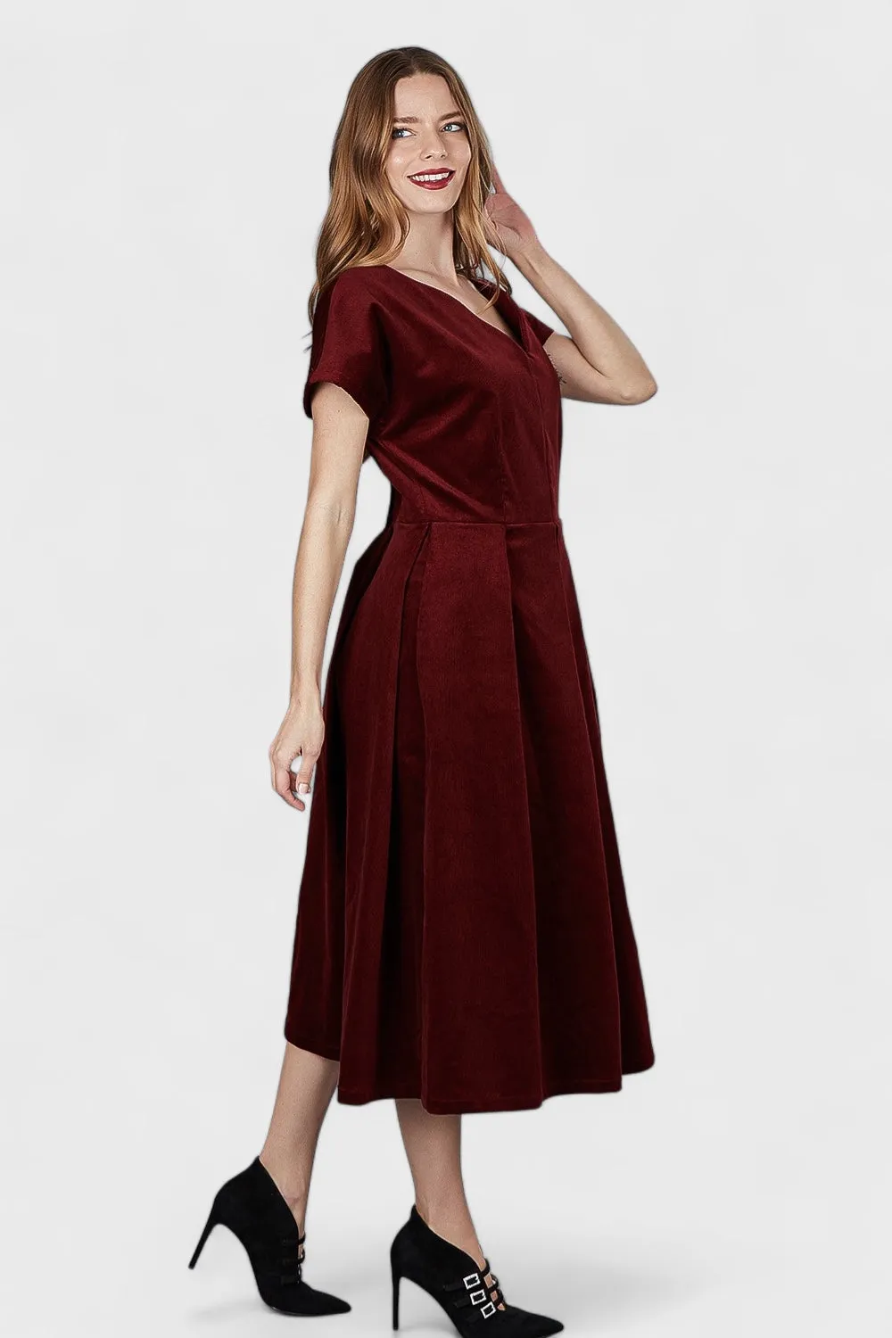 Gemma Burgundy Micro Cord Cotton Midi Dress