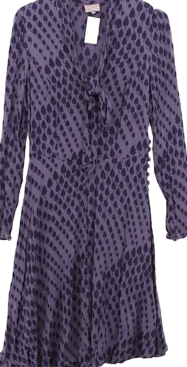 Ghost London UK. Tanya Sarne. Plum 100% Viscose Long Sleeve Midi V-Neck A-Line Midi Dress