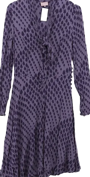 Ghost London UK. Tanya Sarne. Plum 100% Viscose Long Sleeve Midi V-Neck A-Line Midi Dress