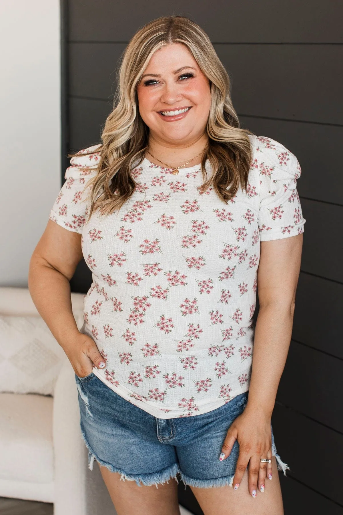 Give Your All Puff Sleeve Top- Off-White & Pink