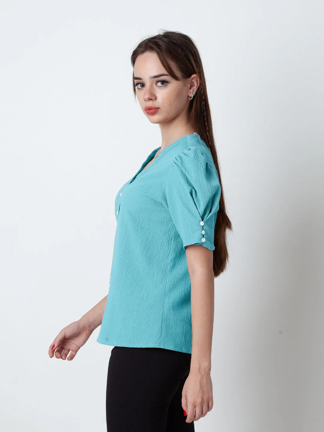 Glacial Blue Solid Puff Sleeve Top