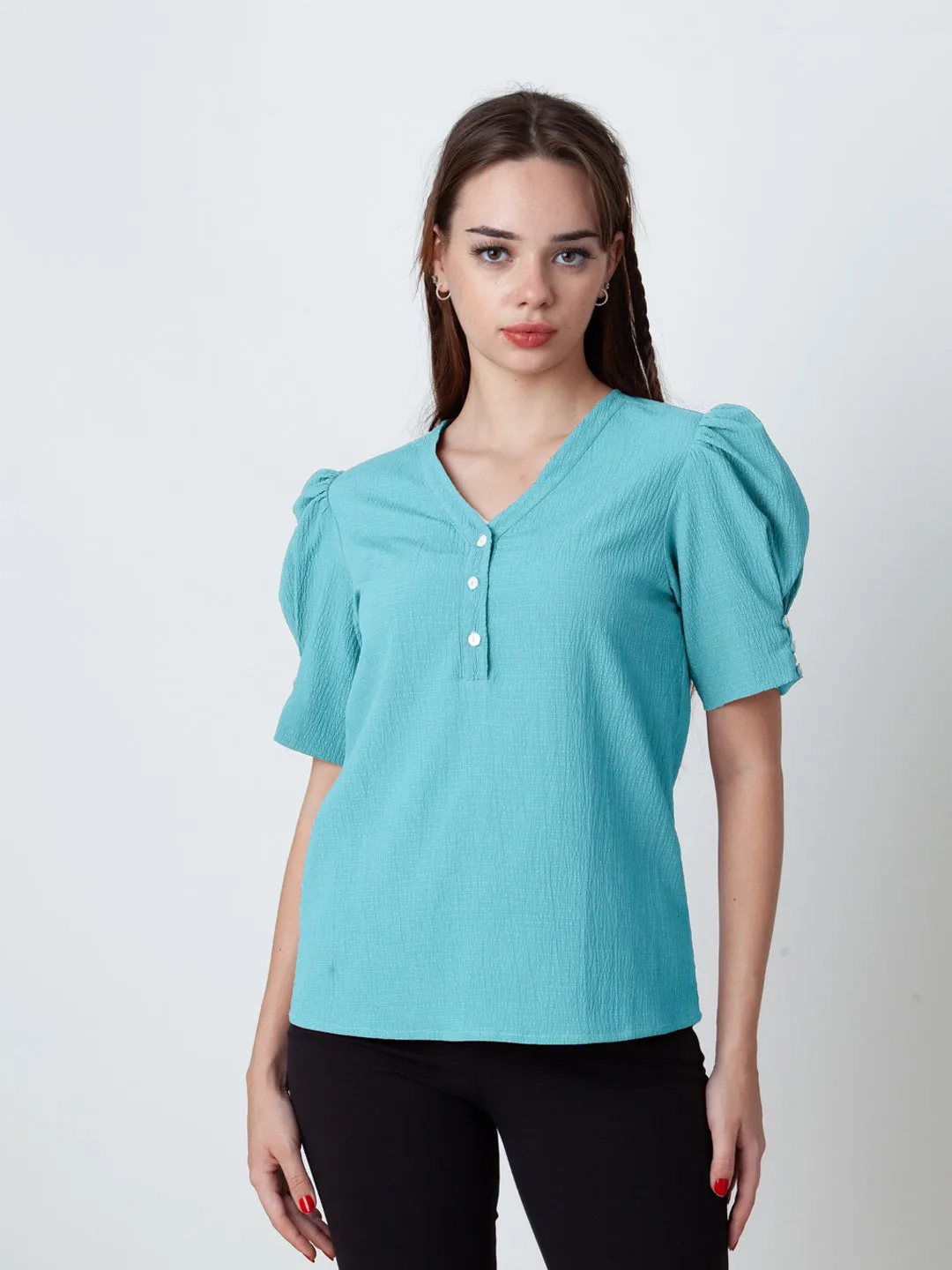 Glacial Blue Solid Puff Sleeve Top