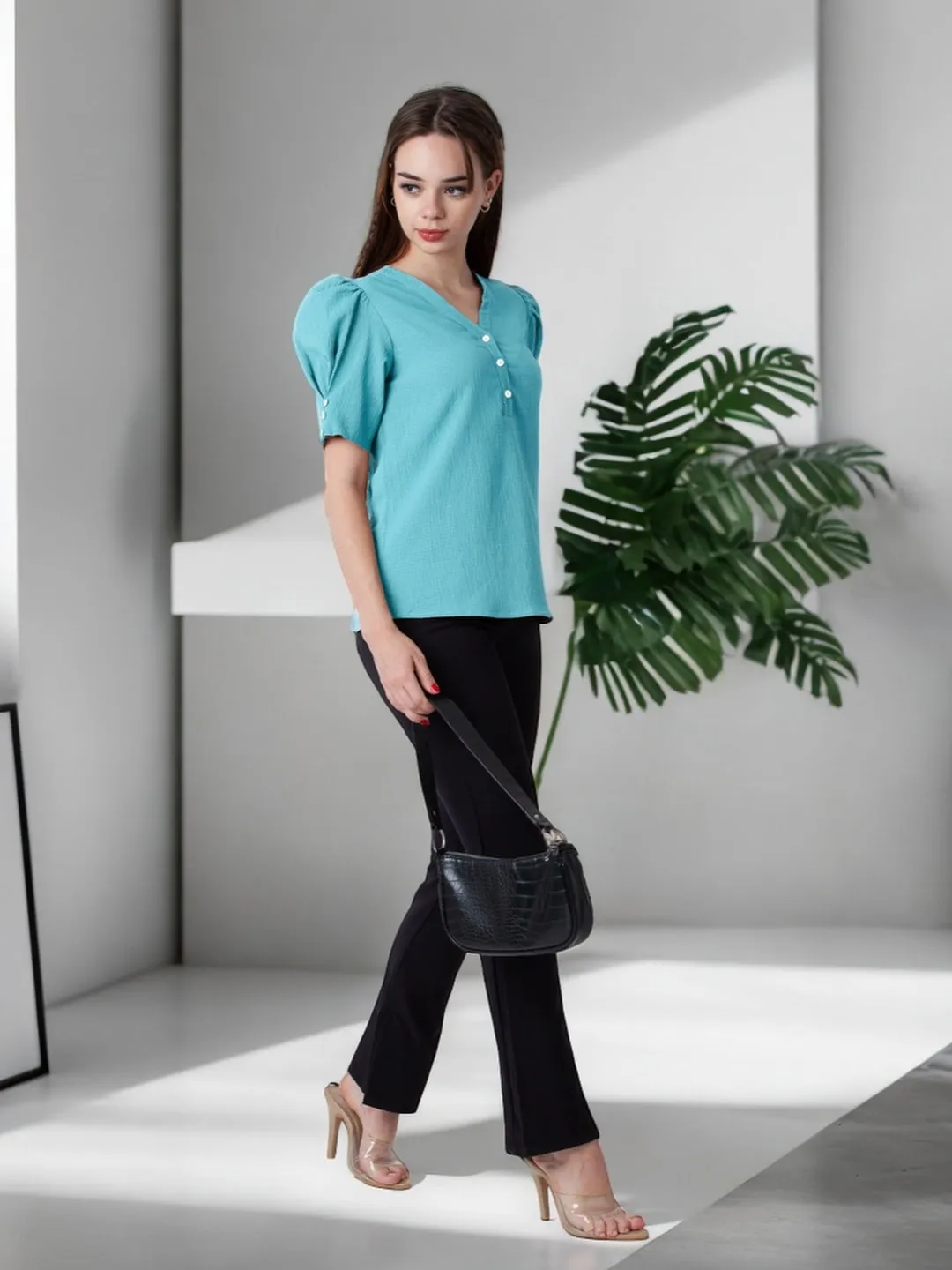 Glacial Blue Solid Puff Sleeve Top