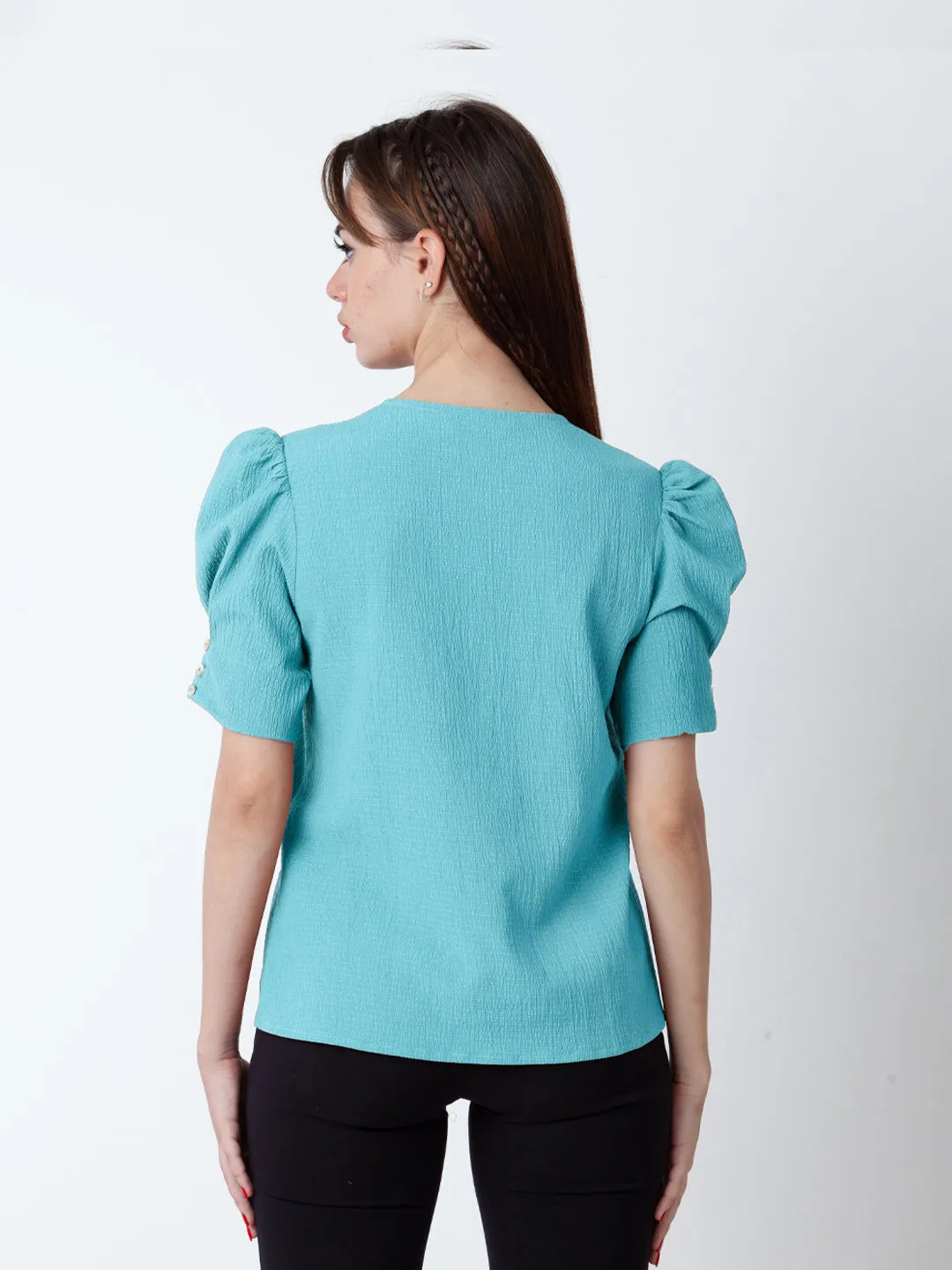 Glacial Blue Solid Puff Sleeve Top