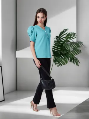 Glacial Blue Solid Puff Sleeve Top
