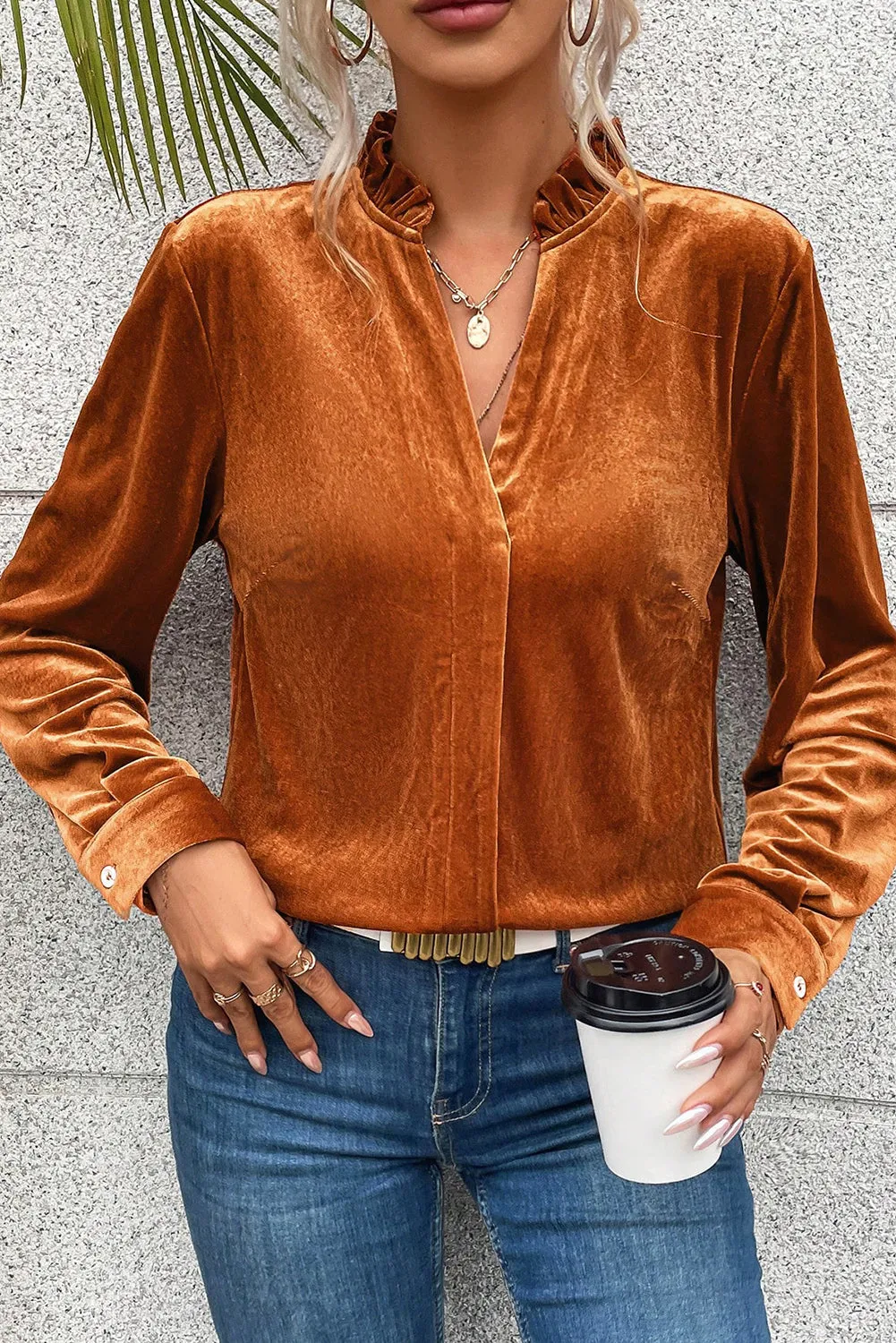 Gold Flame Frilled Collar Velvet Shirt