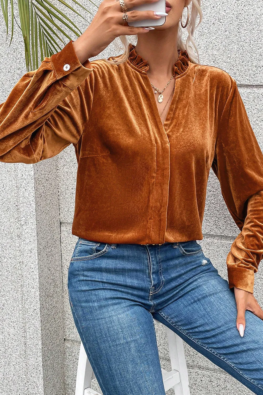 Gold Flame Frilled Collar Velvet Shirt