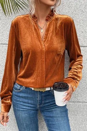 Gold Flame Frilled Collar Velvet Shirt