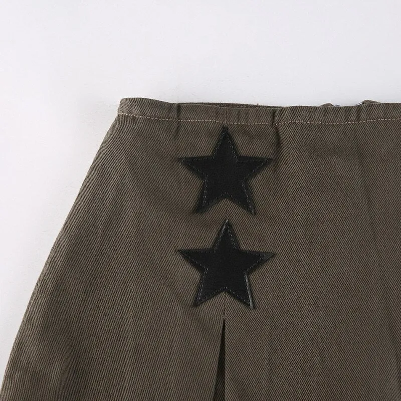 goosudu Women Y2K Grunge Denim Skirt with Star Pattern Patchwork Summer Zipper High Waist Pleated A-line Mini Skirts Fashion Clothes