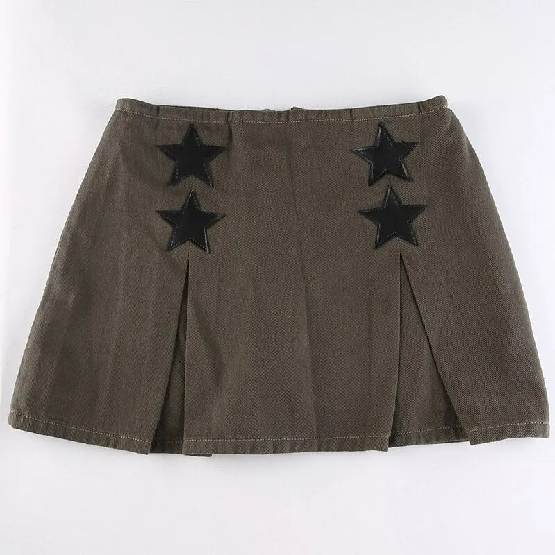 goosudu Women Y2K Grunge Denim Skirt with Star Pattern Patchwork Summer Zipper High Waist Pleated A-line Mini Skirts Fashion Clothes