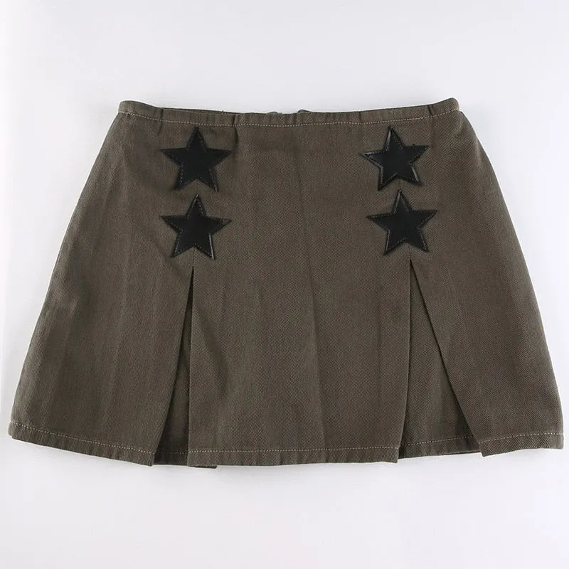 goosudu Women Y2K Grunge Denim Skirt with Star Pattern Patchwork Summer Zipper High Waist Pleated A-line Mini Skirts Fashion Clothes