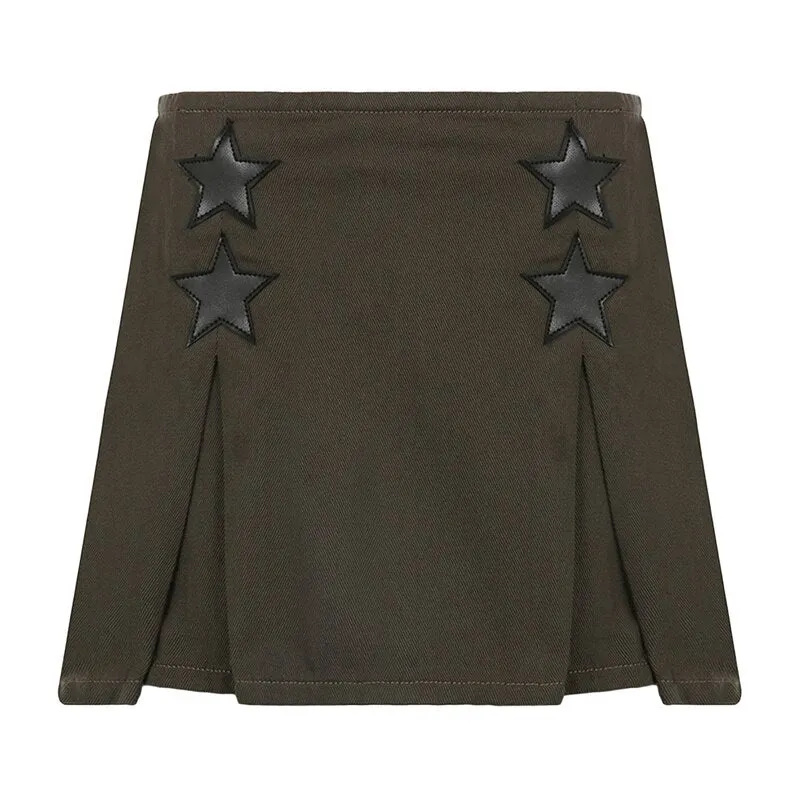 goosudu Women Y2K Grunge Denim Skirt with Star Pattern Patchwork Summer Zipper High Waist Pleated A-line Mini Skirts Fashion Clothes