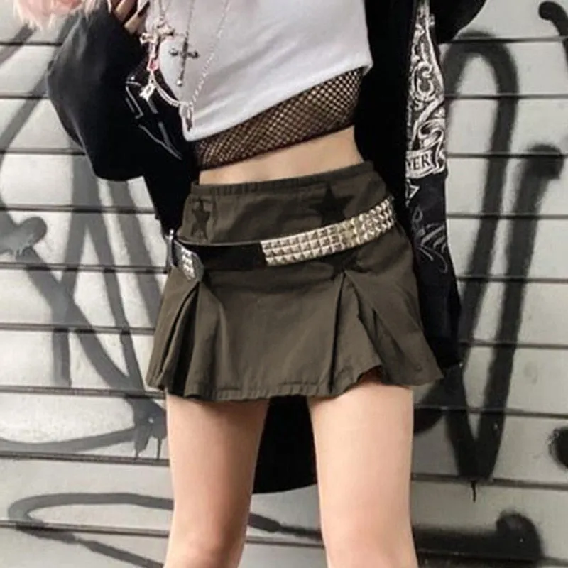 goosudu Women Y2K Grunge Denim Skirt with Star Pattern Patchwork Summer Zipper High Waist Pleated A-line Mini Skirts Fashion Clothes