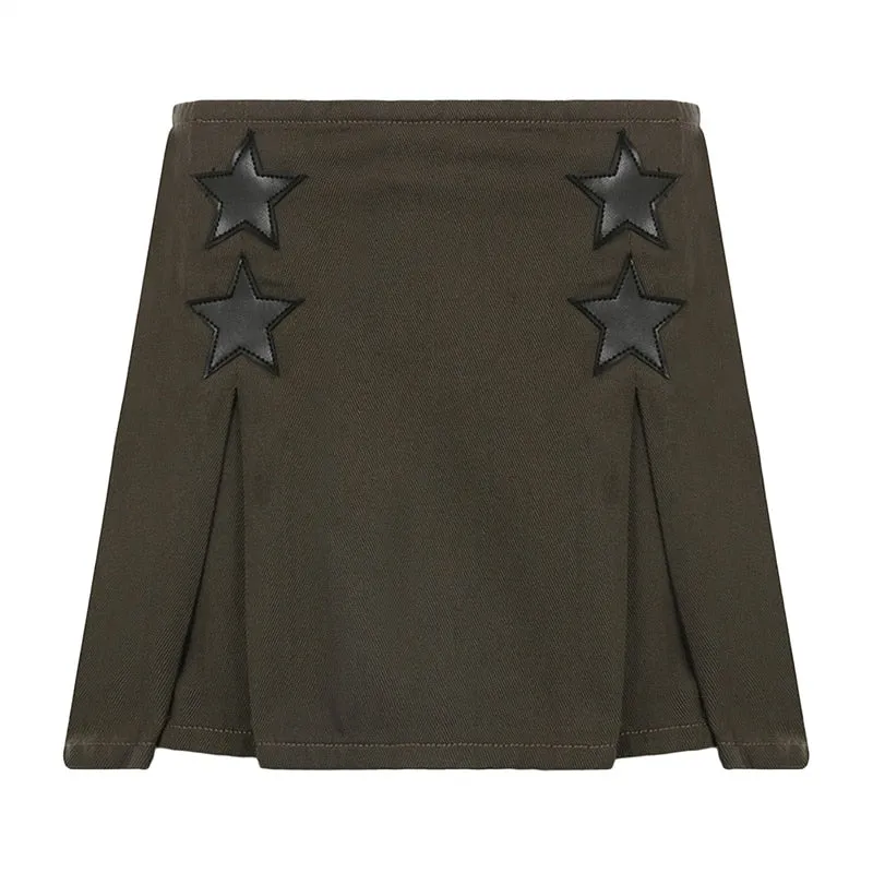 goosudu Women Y2K Grunge Denim Skirt with Star Pattern Patchwork Summer Zipper High Waist Pleated A-line Mini Skirts Fashion Clothes