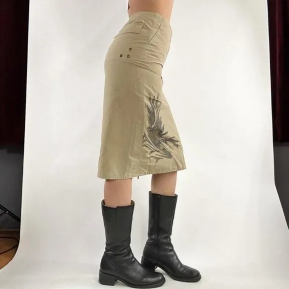 Gorgeous vintage 90s Armani Exchange Khaki Midi Skirt with abstract Motif and dr