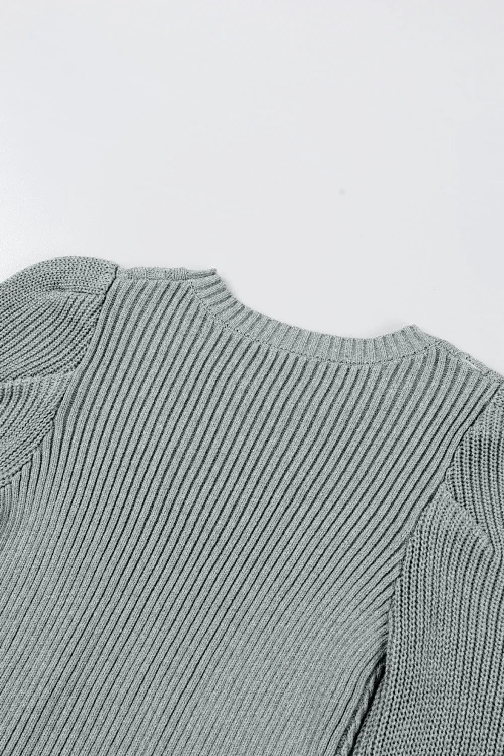 Gray Cable Ribbed Mix Pattern Knit Puff Sleeve Sweater