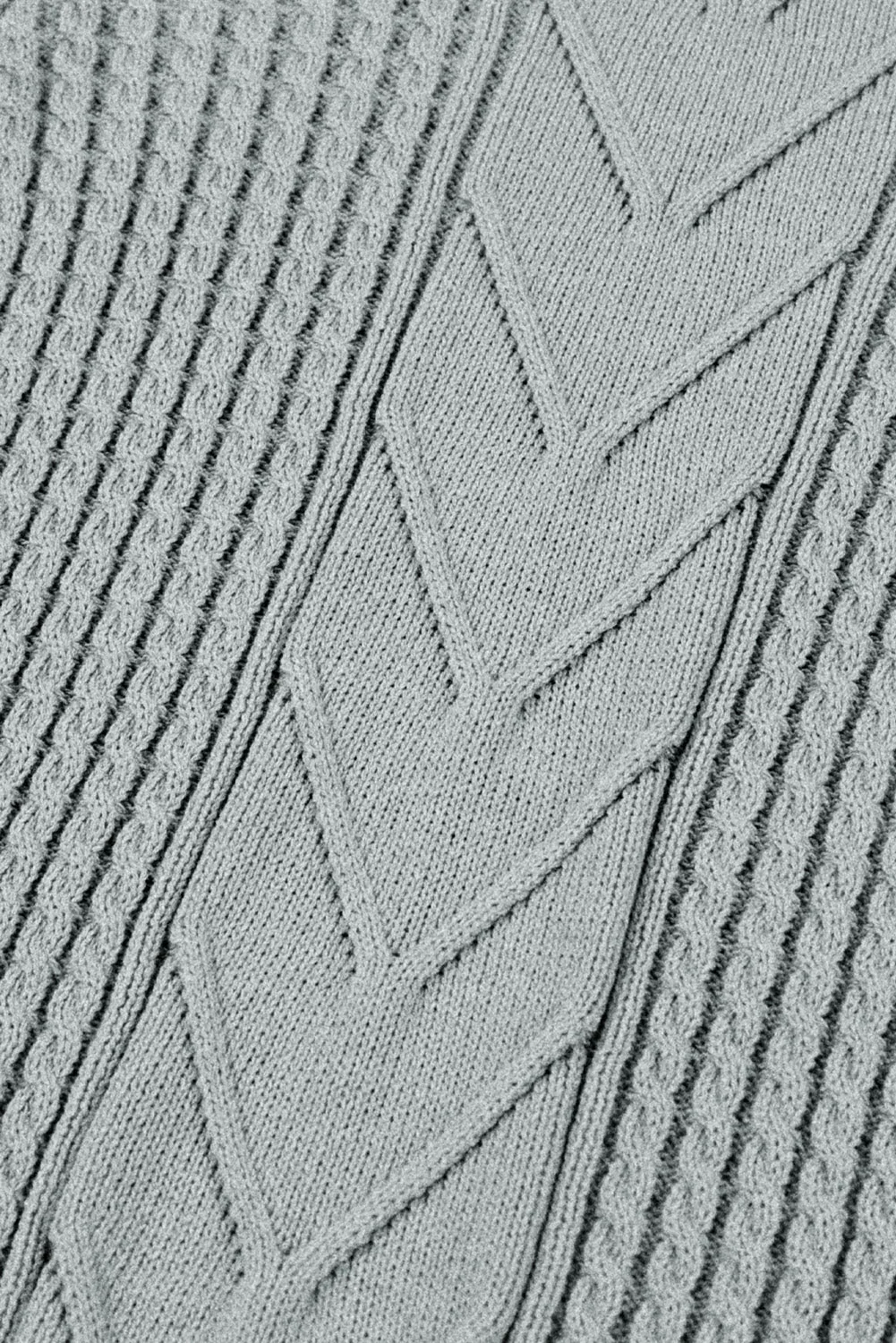 Gray Cable Ribbed Mix Pattern Knit Puff Sleeve Sweater