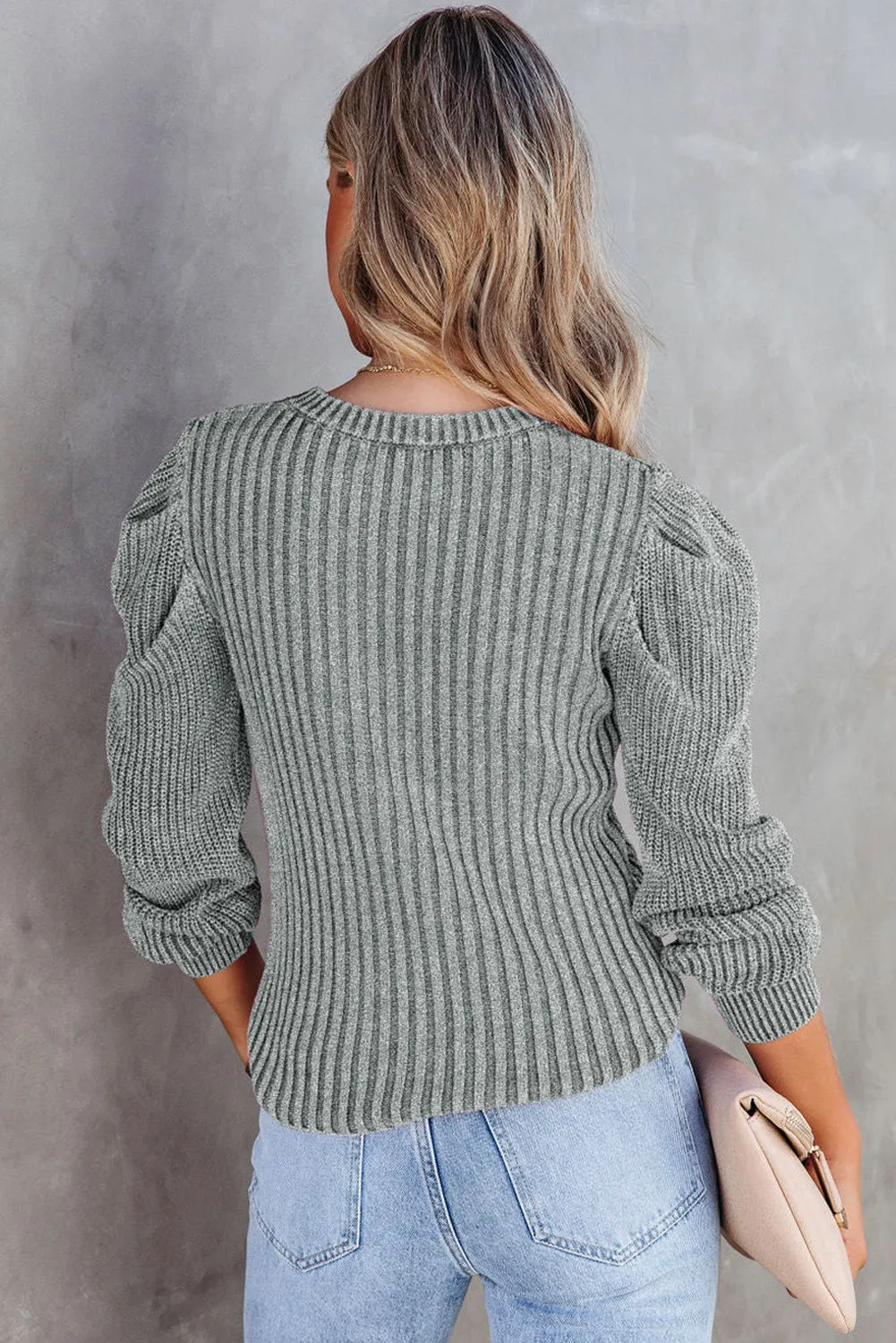 Gray Cable Ribbed Mix Pattern Knit Puff Sleeve Sweater