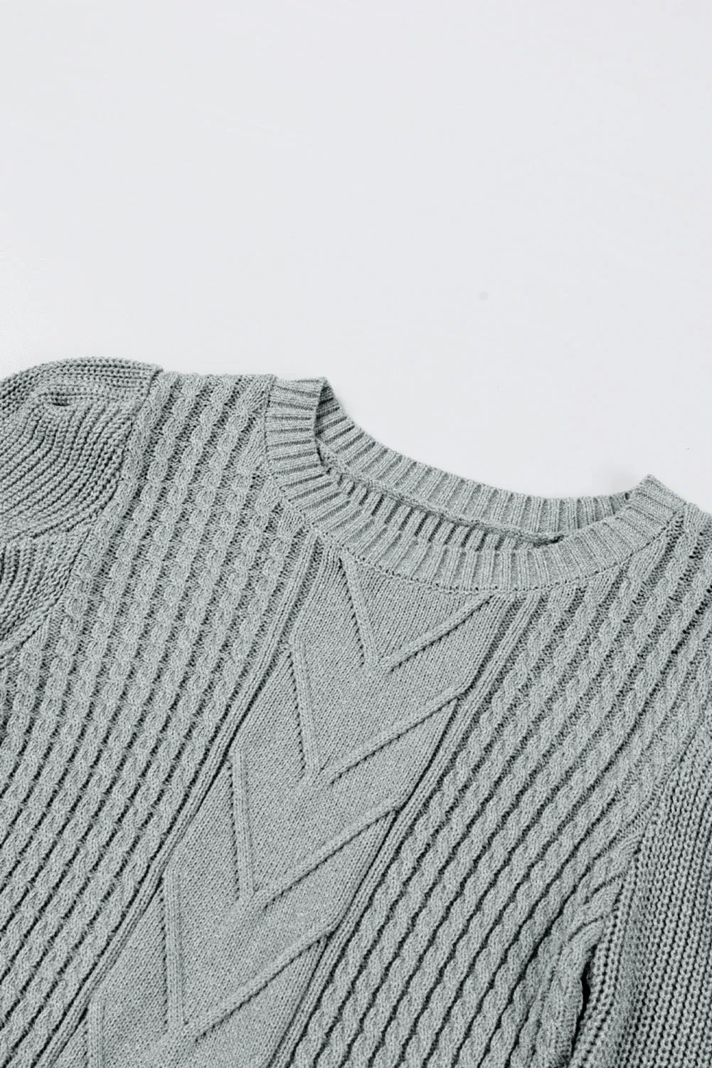 Gray Cable Ribbed Mix Pattern Knit Puff Sleeve Sweater