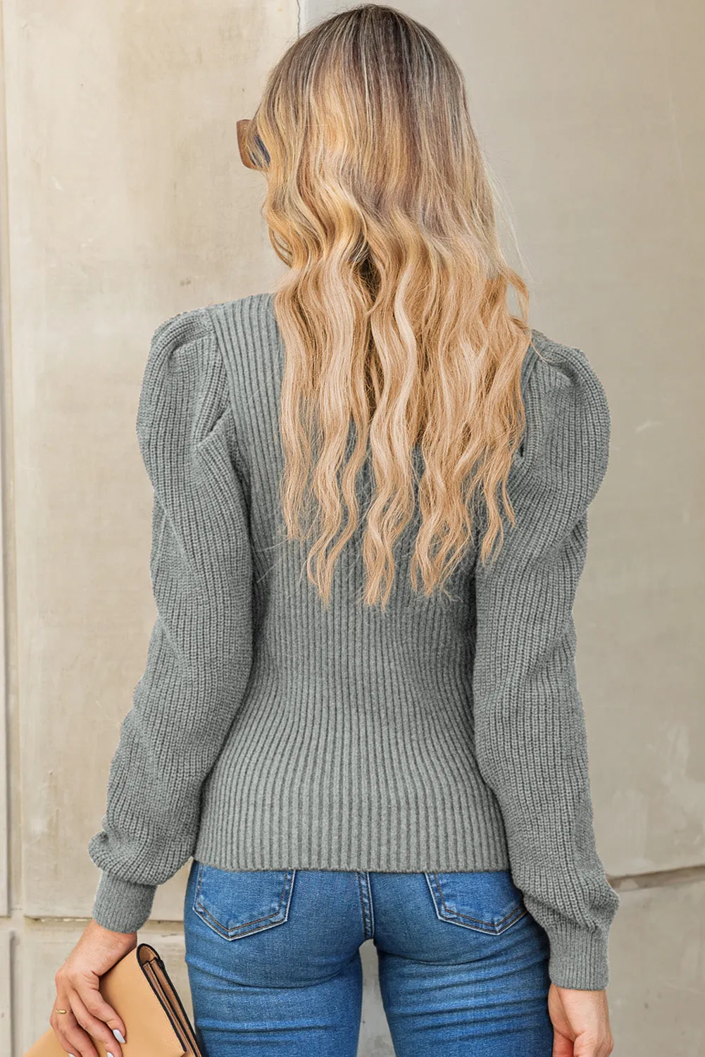 Gray Cable Ribbed Mix Pattern Knit Puff Sleeve Sweater