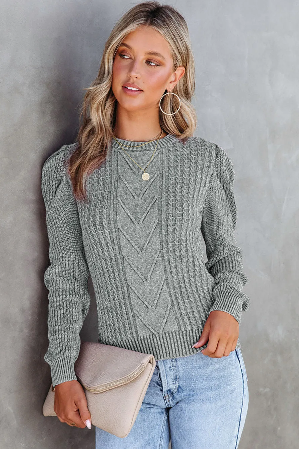 Gray Cable Ribbed Mix Pattern Knit Puff Sleeve Sweater