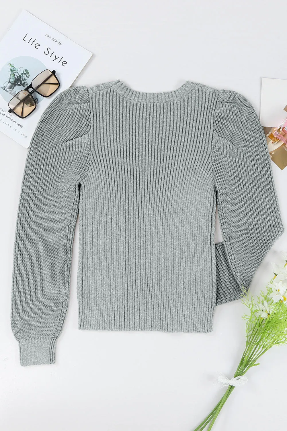 Gray Cable Ribbed Mix Pattern Knit Puff Sleeve Sweater