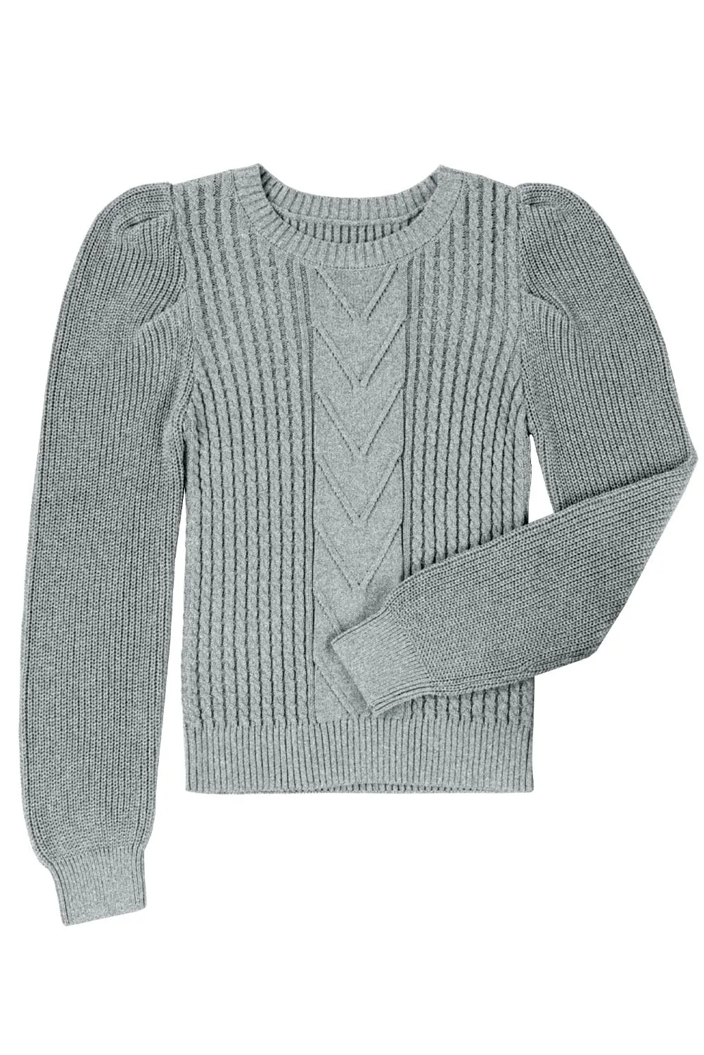 Gray Cable Ribbed Mix Pattern Knit Puff Sleeve Sweater